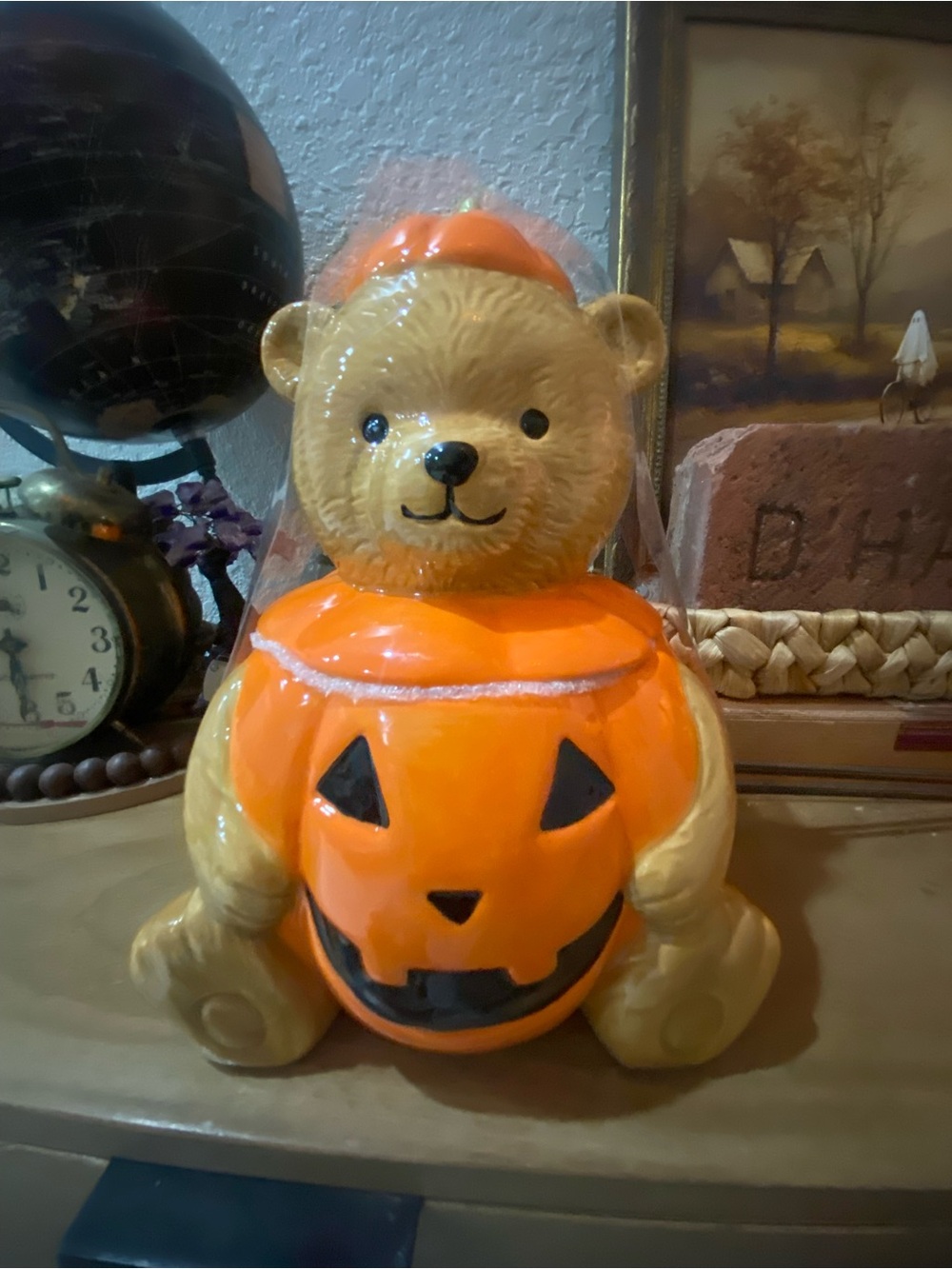 Festive Orange Bear Pumpkin Ceramic Candy Holder
